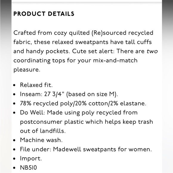 Madewell Re(Sourced) Quilted Jogger Sweatpants Medium Faded Mauve C2 - Picture 11 of 11